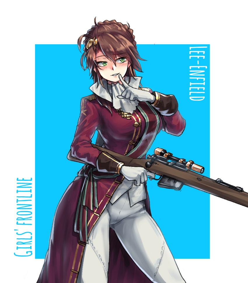 1girl blush bolt_action braid brown_hair eyebrows eyebrows_visible_through_hair girls_frontline gloves green_eyes gun highres lee-enfield lee-enfield_(girls_frontline) military military_uniform pants rifle saragada scope smile tight tight_pants uniform weapon