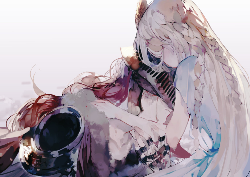 1boy 1girl armor blonde_hair brother_and_sister cape closed_mouth covered_eyes dress elden_ring helmet highres holding hug long_hair malenia_blade_of_miquella mechanical_arms miquella_(elden_ring) otoko_no_ko prosthesis prosthetic_arm red_cape redhead siblings simple_background single_mechanical_arm syokuuuuuuuuumura twins very_long_hair winged_helmet
