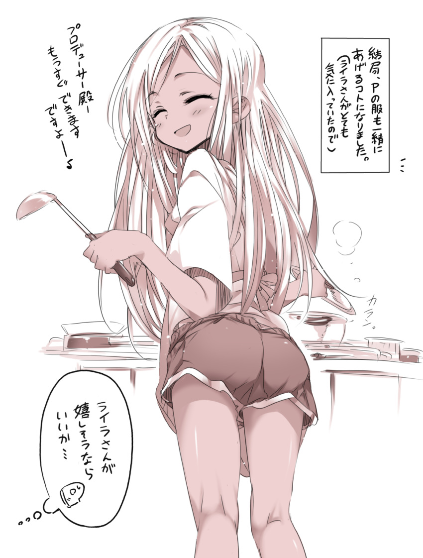 1girl alabaster_(artist) apron closed_eyes commentary_request cooking highres idolmaster idolmaster_cinderella_girls kitchen ladle layla_(idolmaster) long_hair monochrome p-head_producer pot sepia short_sleeves shorts translation_request