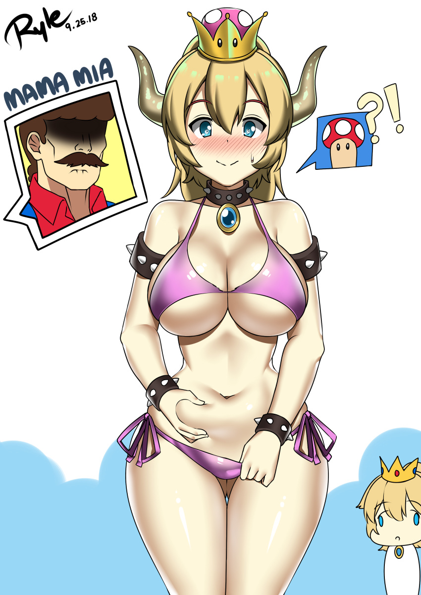 1girl absurdres bare_shoulders bikini blonde_hair blue_eyes blush bowsette bracelet breasts cleavage collar crown dress earrings face_of_the_people_who_sank_all_their_money_into_the_fx highres horns jewelry large_breasts looking_at_viewer mario super_mario_bros. navel nintendo ponytail ryle smile spiked_bracelet spiked_collar spikes super_crown swimsuit
