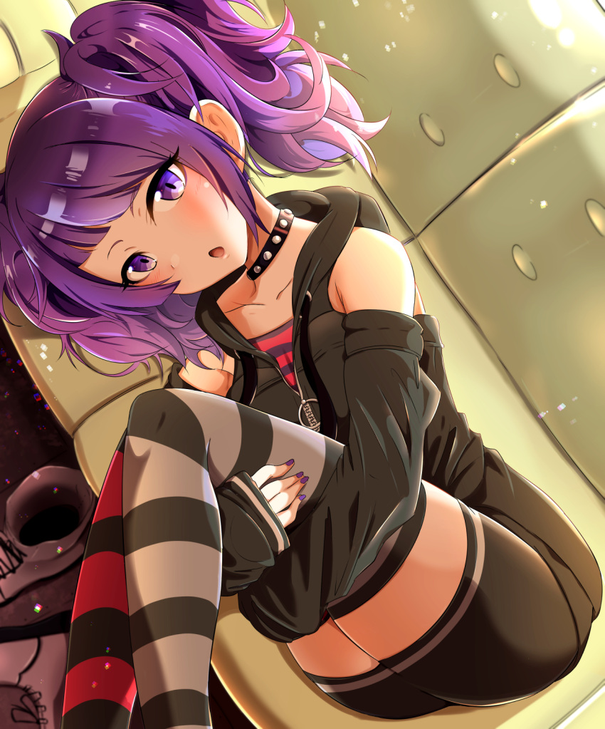 1girl bike_shorts blush collarbone couch detached_sleeves eyebrows_visible_through_hair highres hooded_vest idolmaster idolmaster_shiny_colors kapa_(kappa_yousai) leg_hug long_sleeves looking_at_viewer lying md5_mismatch nail_polish on_side open_mouth purple_hair purple_nails shoes_removed sleeves_past_wrists solo striped striped_legwear studded_choker tanaka_mamimi thigh-highs twintails violet_eyes