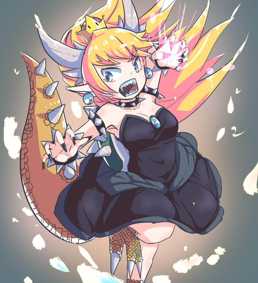 1girl alternate_eye_color artist_request attack aura bangs black_dress black_nails blue_eyes borrowed_character bowsette bracelet breasts claws cleavage collar dress dress_lift earrings energy eyebrows_visible_through_hair fingernails genderswap genderswap_(mtf) glowing glowing_hand gradient_eyes grey_background highres horns jewelry leg_up light_blue_eyes long_ponytail looking_to_the_side medium_breasts multicolored multicolored_eyes nail_polish new_super_mario_bros._u_deluxe nintendo off-shoulder_dress off_shoulder open_mouth pointy_ears red_eyes sharp_claws sharp_fingernails sharp_teeth shiny shiny_hair shiny_skin short_hair sidelocks simple_background solo spiked_bracelet spiked_collar spiked_shell spiked_tail spikes super_crown super_mario_bros. tail teeth