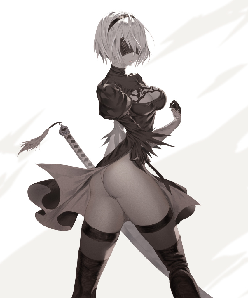 1girl absurdres aruku_(a857664455590) ass black_dress black_legwear blindfold boots breasts cleavage cleavage_cutout closed_mouth commentary_request dress feather_trim gloves hairband highres holding holding_sword holding_weapon lips medium_breasts mole mole_under_mouth nier_(series) nier_automata puffy_sleeves short_hair simple_background solo sword thigh-highs thigh_boots thighs turtleneck weapon white_hair yorha_no._2_type_b