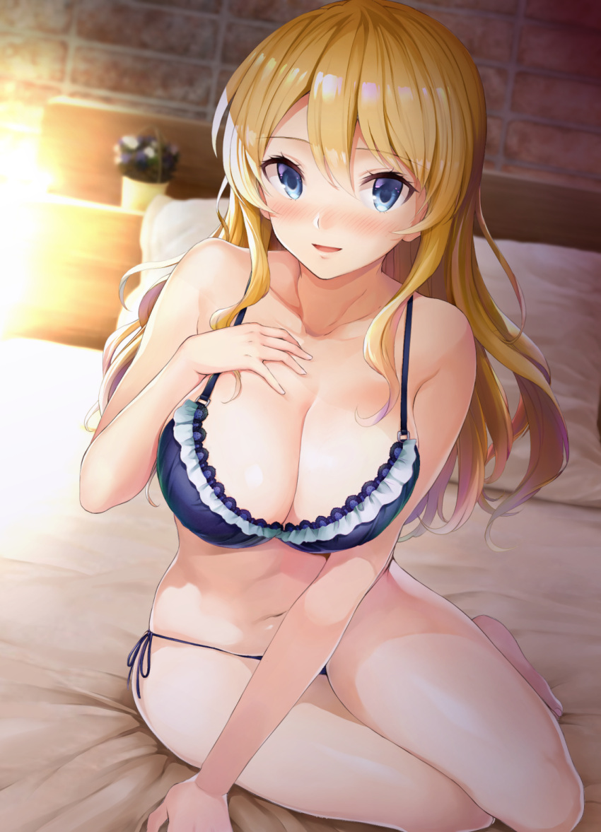 1girl alternate_hairstyle arm_support bangs bare_legs barefoot bed blonde_hair blue_bra blue_eyes blue_panties blurry blurry_background blush bra breasts chacharan cleavage collarbone commentary_request darjeeling depth_of_field eyebrows_visible_through_hair girls_und_panzer hair_down hand_on_own_chest highres indoors large_breasts long_hair looking_at_viewer navel on_bed panties side-tie_panties sidelocks sitting smile solo string_panties swept_bangs thighs underwear underwear_only yokozuwari