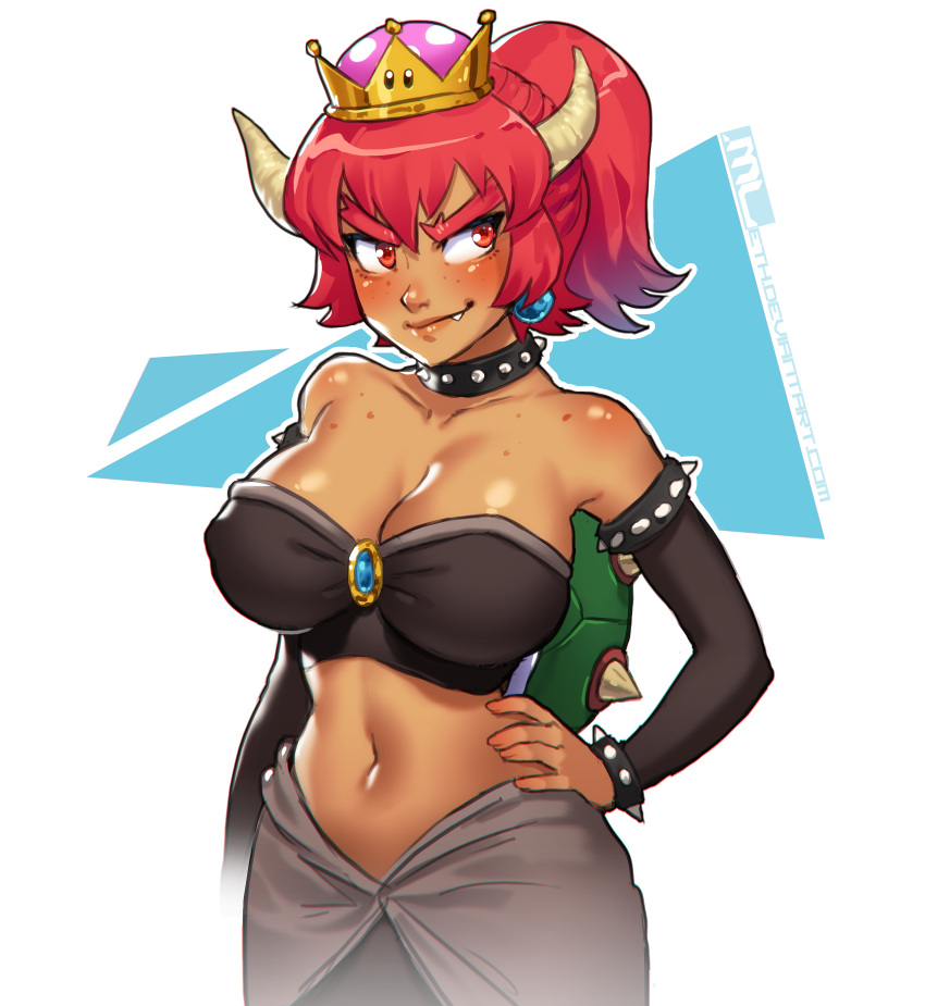 1girl absurdres alternate_color bare_shoulders black_skirt bowsette bracelet breasts brooch bustier cleavage collar collarbone commentary crown dark_skin detached_sleeves english_commentary fang hand_on_hip highres horns jewelry large_breasts lips super_mario_bros. mathias_leth midriff mole navel new_super_mario_bros._u_deluxe nintendo pointy_ears ponytail red_eyes redhead skirt smirk solo spiked_bracelet spiked_collar spikes thick_eyebrows toned turtle_shell watermark web_address