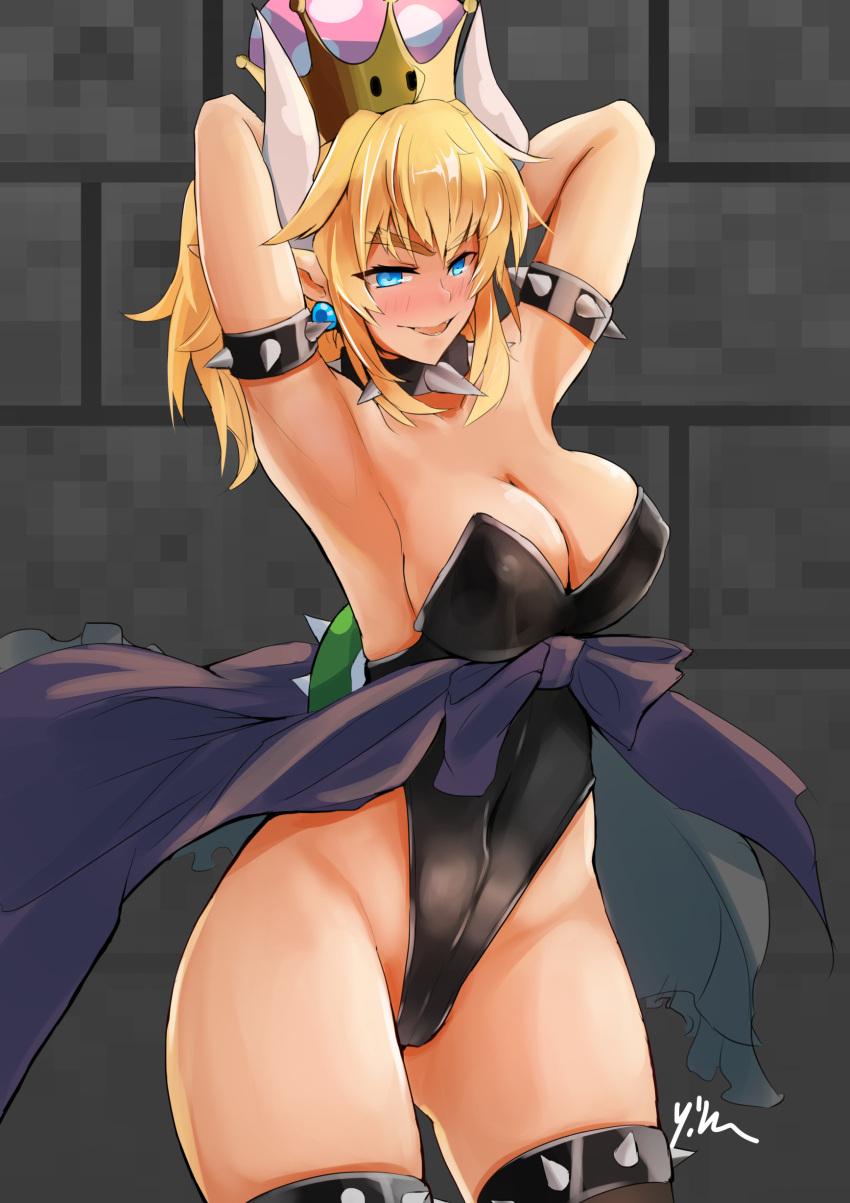 1girl absurdres armpits arms_behind_head arms_up bare_shoulders blonde_hair blue_eyes blush bowsette bracelet breasts cleavage collar crown dress earrings highres horns jewelry large_breasts looking_at_viewer super_mario_bros. nintendo ponytail sharp_teeth solo spiked_bracelet spiked_collar spikes super_crown teeth yilan_un