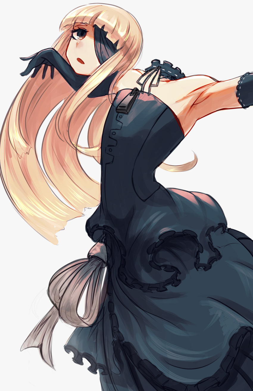 1girl armpits bangs black_dress black_gloves blindfold blonde_hair blunt_bangs borrowed_character brown_eyes commentary disembodied_head dress dullahan elbow_gloves english_commentary gino gloves grey_background highres long_dress long_hair looking_at_viewer one_eye_covered original outstretched_arms parted_lips simple_background solo spread_arms