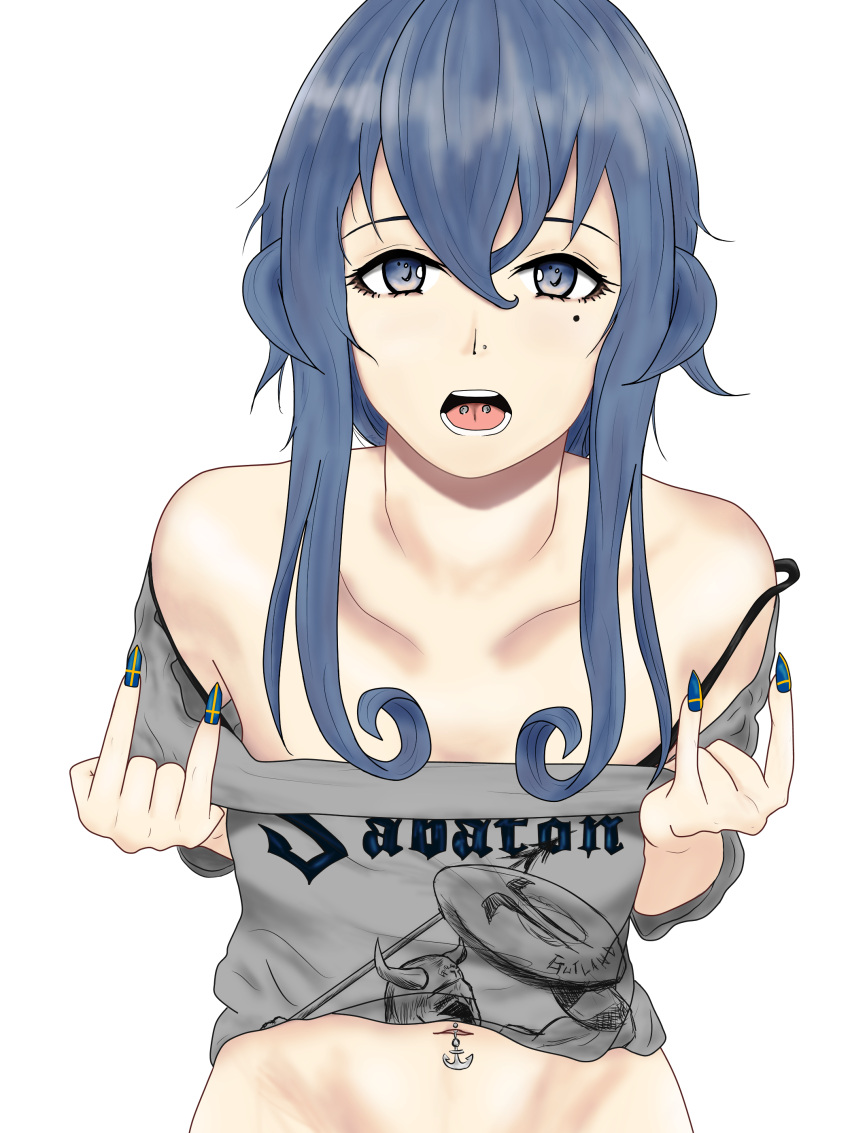 1boy 1girl \m/ absurdres blue_eyes blue_hair commentary gotland_(kantai_collection) hair_between_eyes hair_bun helmet highres kantai_collection kilroylw long_hair mole mole_under_eye navel_piercing piercing polearm sabaton_(band) shield shirt solo spear tattoo tongue_piercing weapon