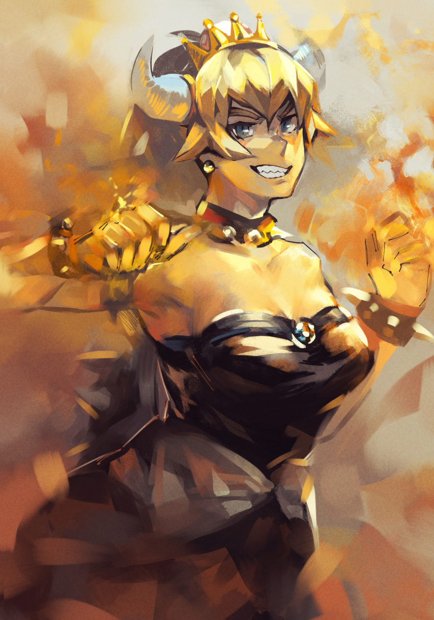 1girl bare_shoulders black_dress blonde_hair bowsette bracelet breasts burning_hand cleavage clenched_hand collar commentary crown dress earrings english_commentary grey_eyes highres horns idk-kun jewelry large_breasts looking_at_viewer super_mario_bros. new_super_mario_bros._u_deluxe nintendo ponytail sharp_teeth smile solo spiked_bracelet spiked_collar spikes standing super_crown teeth upper_body