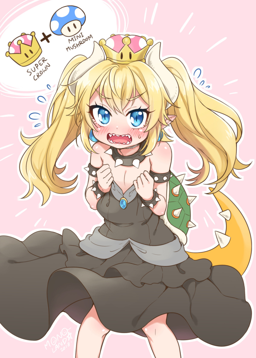 1girl 2018 bangs bare_shoulders black_dress blonde_hair blue_eyes bowsette bracelet collar commentary_request crown dress eyebrows_visible_through_hair fangs flying_sweatdrops hair_between_eyes highres horns jewelry long_hair looking_at_viewer super_mario_bros. mini_crown mono_land new_super_mario_bros._u_deluxe nintendo open_mouth outline oversized_clothes pink_background sharp_teeth signature solo spiked_bracelet spiked_collar spiked_shell spiked_tail spikes strapless strapless_dress super_crown tail teeth turtle_shell twintails white_outline