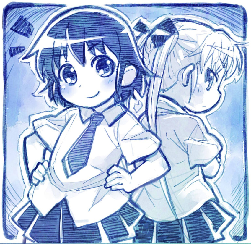 2girls blush bow commentary_request eyebrows_visible_through_hair hair_bow hand_on_hip kill_me_baby looking_at_viewer monochrome multiple_girls necktie oribe_yasuna pleated pleated_skirt sakino_shingetsu short_hair short_sleeves skirt smile sonya_(kill_me_baby) tied_hair twintails