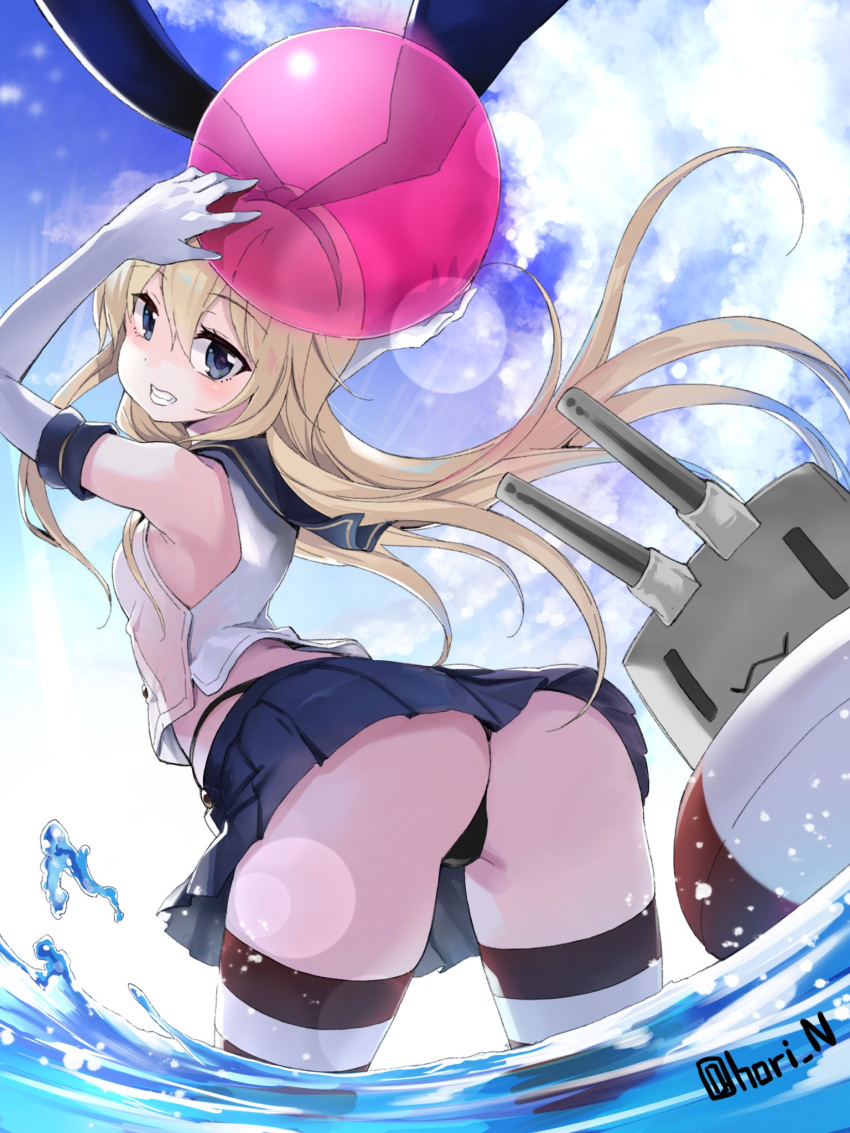 1girl arms_up ass ball bangs beachball black_panties blonde_hair blue_eyes blue_sky blush clouds commentary_request cowboy_shot crop_top day elbow_gloves eyebrows_visible_through_hair from_behind gloves grin hair_between_eyes hairband highres holding holding_ball kantai_collection leaning_forward lens_flare lifebuoy long_hair looking_at_viewer looking_back miniskirt nino_(shira) outdoors panties pleated_skirt rensouhou-chan school_uniform serafuku shimakaze_(kantai_collection) shirt skirt sky sleeveless sleeveless_shirt smile solo standing striped striped_legwear thigh-highs twitter_username underwear wading water white_gloves