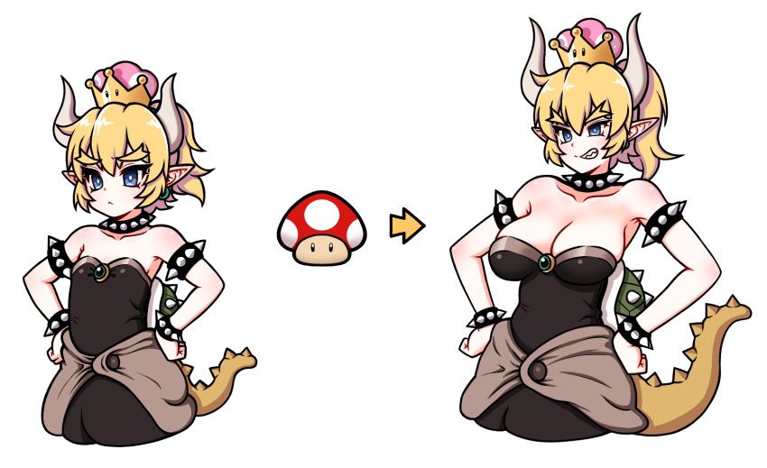 1girl 2girls age_progression armlet bangs bare_shoulders black_dress blonde_hair blue_eyes bowsette bracelet breasts clenched_teeth collar crown directional_arrow dress earrings eron gem hair_between_eyes hands_on_hips highres horns jewelry large_breasts multiple_girls mushroom new_super_mario_bros._u_deluxe pointy_ears ponytail sharp_teeth spiked_bracelet spiked_collar spikes strapless strapless_dress super_crown tail teeth turtle_shell younger