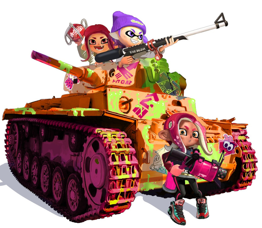 1boy 2girls :d :o beanie beret doitsuken explosive fang grenade grenade_launcher grin ground_vehicle gun hat holding holding_gun holding_weapon inkling long_sleeves looking_at_viewer military military_vehicle motor_vehicle multiple_girls nintendo octoling open_mouth paint_splatter pantyhose parted_lips shoes smile sneakers splatoon splatoon_2 tank weapon