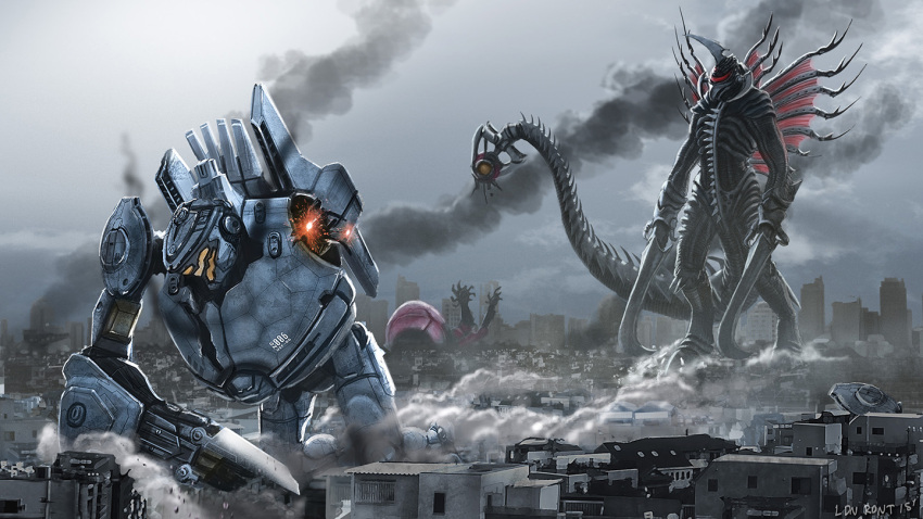 arm_blade armor city commentary creature crimson_typhoon crossover cyborg damaged english_commentary extra_arms gigan godzilla_(series) horns kaijuu ldn-rdnt mecha mechanical_arms monster no_humans pacific_rim red_eyes saw_blade smoke spikes standing striker_eureka tagme tail weapon