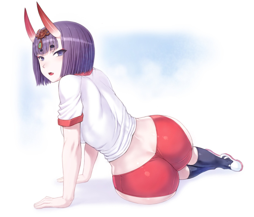 1girl alternate_breast_size ass bare_arms blush bob_cut breasts buruma curvy fangs fate/grand_order fate_(series) from_behind gym_shirt gym_uniform highres hips huge_ass large_breasts legs looking_at_viewer looking_back mogudan oni oni_horns open_mouth purple_hair red_buruma shiny shiny_hair shiny_skin shirt short_hair shuten_douji_(fate/grand_order) simple_background sitting solo violet_eyes white_background wide_hips