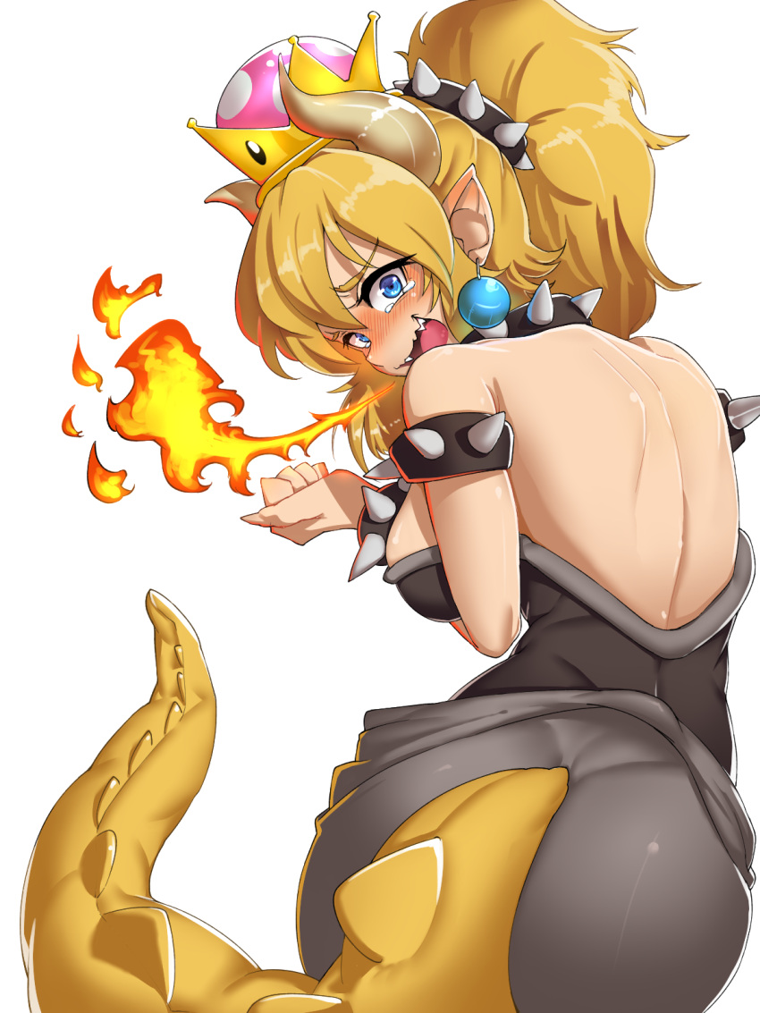 1girl armlet ass back bangs bare_shoulders black_dress blonde_hair blue_eyes blush bowsette bracelet breasts breathing_fire cleavage collar crown dress earrings fire from_behind highres horns jewelry large_breasts looking_at_viewer super_mario_bros. messy_hair nintendo open_mouth pointy_ears ponytail sd_bigpie sharp_teeth shoulder_blades sidelocks simple_background solo spiked_armlet spiked_bracelet spiked_collar spikes strapless strapless_dress super_crown tail tearing_up teeth turtle_shell white_background