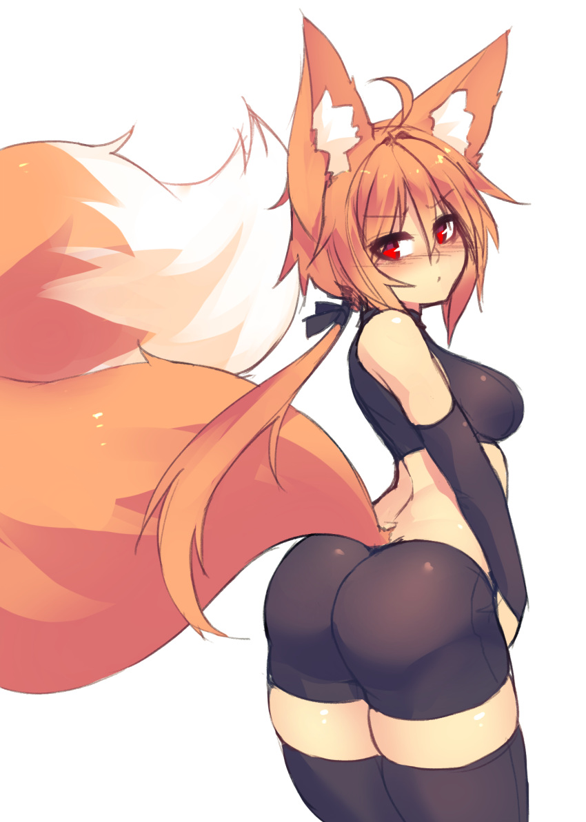 1girl ahoge animal_ear_fluff animal_ears ass bare_shoulders bike_shorts black_gloves black_legwear black_ribbon blush breasts closed_mouth commentary elbow_gloves eyebrows_visible_through_hair eyes_visible_through_hair fluffy fox_ears fox_tail gloves hair_between_eyes hair_ribbon highres large_tail looking_at_viewer low_ponytail medium_breasts midriff orange_hair original pout red_eyes ribbon short_hair_with_long_locks simple_background sketch solo sub-res suzu_(sub-res) tail thigh-highs v-shaped_eyebrows white_background