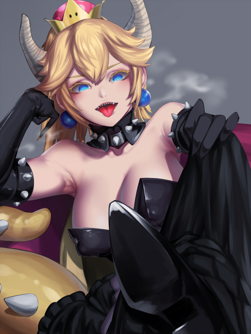 1girl absurdres armpits bangs bare_shoulders black_dress blonde_hair blue_eyes blush borrowed_design bowsette breasts breath cleavage collar collarbone colored_eyelashes commentary commentary_request crown dress elbow_gloves gloves grey_background hair_between_eyes highres horns jewelry kumiko_shiba large_breasts looking_at_viewer lying super_mario_bros. new_super_mario_bros._u_deluxe nintendo sharp_teeth sitting spiked_collar spikes strapless strapless_dress super_crown super_mario_bros. tail teeth tongue tongue_out