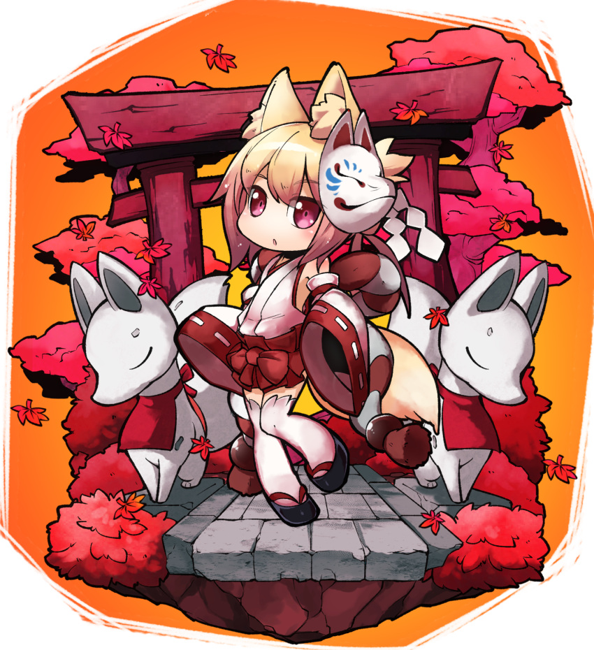 1girl animal_ear_fluff animal_ears bare_shoulders blonde_hair blush borrowed_character chibi commentary_request detached_sleeves eyebrows_visible_through_hair fox_ears fox_tail fukurou_(owl222) highres inari japanese_clothes kemomimi-chan_(naga_u) leaf long_sleeves looking_at_viewer miko normal orange_background original parted_lips red_eyes sandals solo standing standing_on_one_leg statue tail thigh-highs torii tree white_legwear wide_sleeves