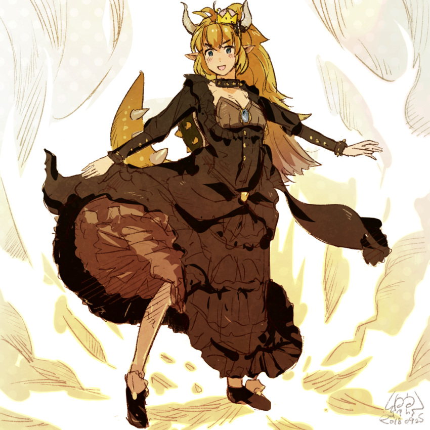 1girl :d black_dress black_footwear blonde_hair blue_eyes blush bowsette bracelet collar crown dated dress eyebrows_visible_through_hair full_body horns jewelry long_sleeves looking_at_viewer new_super_mario_bros._u_deluxe nintendo open_mouth pointy_ears ponytail shell shoes sidelocks simple_background smile solo spiked_bracelet spiked_collar spikes standing super_crown super_mario_bros. tail wata5119 white_legwear