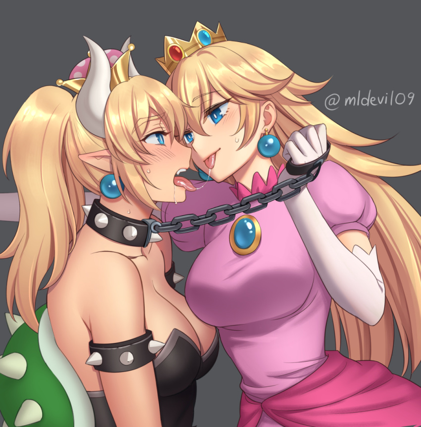 2girls :p after_kiss bare_shoulders bdsm blonde_hair bondage bound bowser bowsette breasts chain chained chains cleavage collarbone crown dress earrings elbow_gloves eye_contact face-to-face fang genderswap genderswap_(mtf) gloves half-closed_eyes jewelry large_breasts long_hair looking_at_another super_mario_bros. multiple_girls mylovelydevil new_super_mario_bros._u_deluxe nintendo open_mouth pointy_ears ponytail princess princess_peach puffy_short_sleeves puffy_sleeves shell short_sleeves sleeveless sleeveless_dress super_mario_bros. sweatdrop tongue tongue_out upper_body yuri