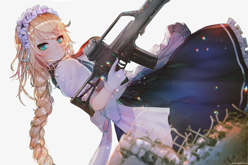 1girl apron aqua_eyes assault_rifle bangs blonde_hair blush braid closed_mouth commentary dress eyebrows_visible_through_hair g36 g36_(girls_frontline) girls_frontline gloves grey_background gun hair_between_eyes hanato_(seonoaiko) heckler_&amp;_koch holding light_particles long_hair looking_at_viewer maid maid_headdress rifle sidelocks simple_background single_braid skirt solo sparkle trigger_discipline twitter_username very_long_hair weapon white_gloves