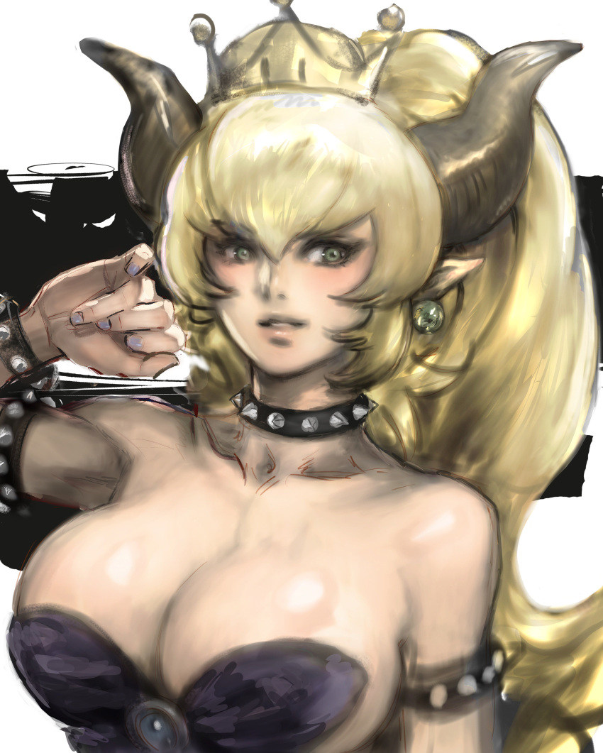 1girl absurdres armlet bangs bare_shoulders black_dress blonde_hair bowsette bracelet breasts brooch cleavage collar collarbone crown dress earrings fingernails green_eyes hair_between_eyes hand_up high_ponytail highres horns jewelry large_breasts lips long_hair looking_at_viewer super_mario_bros. nail_polish new_super_mario_bros._u_deluxe nintendo parted_lips pointy_ears ponytail purple_nails sidelocks smile solo spiked_armlet spiked_bracelet spiked_collar spikes strapless super_crown super_mario_bros. upper_body yasuda_akira