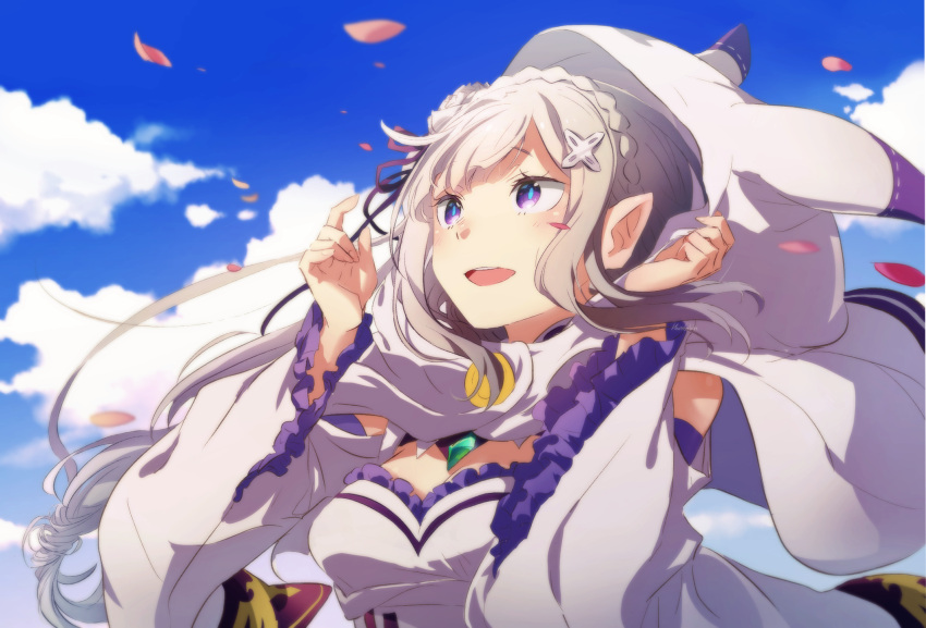 1girl blue_sky breasts cleavage cleavage_cutout clouds commentary_request detached_sleeves emilia_(re:zero) grey_hair hair_ornament hair_ribbon harusabin highres hood hoodie looking_up medium_breasts open_mouth outdoors petals purple_ribbon re:zero_kara_hajimeru_isekai_seikatsu ribbon sky solo upper_body violet_eyes wide_sleeves wind