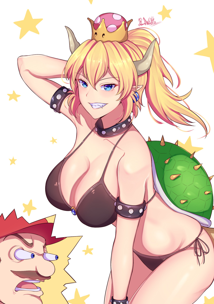 1boy 1girl absurdres band-width bare_shoulders bikini blonde_hair blue_eyes bowsette bracelet breasts cleavage collar crown earrings highres horns jewelry large_breasts looking_at_viewer mario super_mario_bros. nintendo ponytail sharp_teeth shell solo_focus spiked_bracelet spiked_collar spikes super_crown super_mario_bros. swimsuit teeth
