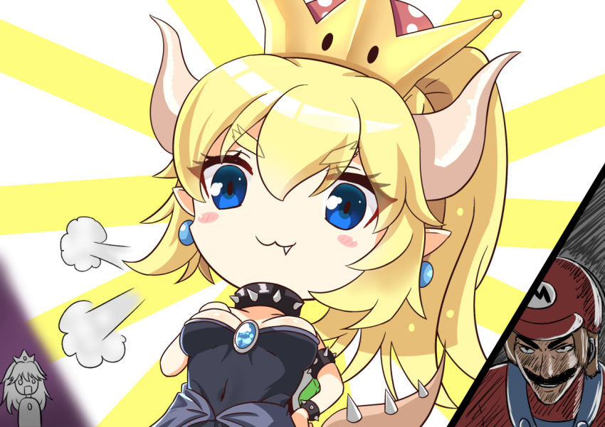1boy 2girls :3 bangs black_dress blonde_hair blue_eyes blush_stickers bowsette bracelet breasts brown_hair closed_mouth collar color_drain commentary crown dress earrings eyebrows_visible_through_hair fang fang_out flat_cap hair_between_eyes hat horns jewelry just_as_planned long_hair mario super_mario_bros. medium_breasts mini_crown multiple_girls new_super_mario_bros._u_deluxe nintendo overalls pointy_ears princess_peach red_hat red_shirt shirt spiked_bracelet spiked_collar spiked_tail spikes strapless strapless_dress sunburst super_crown super_mario_bros. synn032 tail turtle_shell
