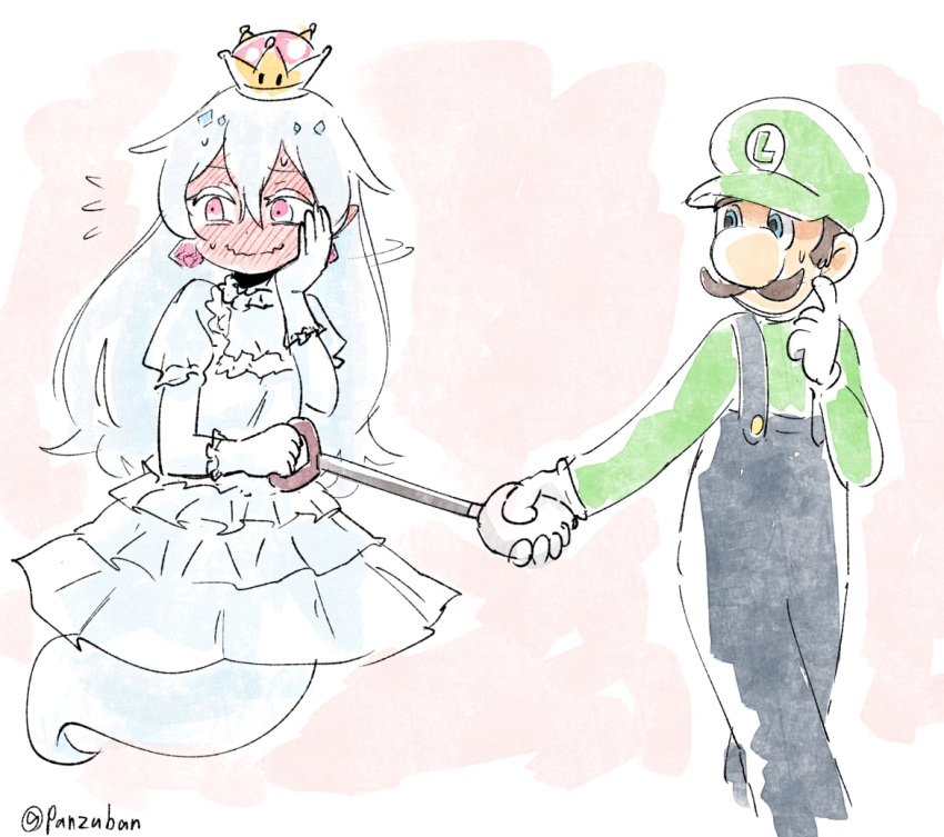1boy 1girl artist_name blush brown_hair commentary crown dress ear_blush earrings embarrassed facial_hair flying_sweatdrops frills full-face_blush ghost_tail gloves hair_between_eyes hand_holding hand_on_own_cheek hat jewelry long_hair looking_away luigi luigi's_mansion super_mario_bros. mustache new_super_mario_bros._u_deluxe nintendo nose overalls panzuban pink_eyes pointy_ears princess_king_boo puffy_short_sleeves puffy_sleeves scratching_cheek short_sleeves simple_background sketch smile super_crown sweatdrop twitter_username very_long_hair wavy_mouth white_dress white_gloves white_hair white_skin