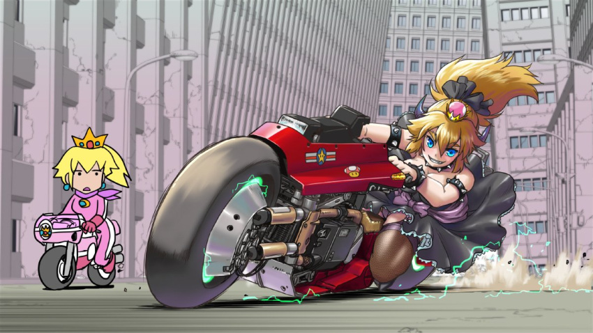 2girls akira blonde_hair blue_eyes boots bowsette bracelet building collar commentary_request crown d: dress earrings electricity eyebrows_visible_through_hair food frills fruit genderswap genderswap_(mtf) gloves grin ground_vehicle hair_between_eyes hair_ribbon horns jewelry lamppost super_mario_bros. mario_kart motor_vehicle motorcycle multiple_girls mushroom new_super_mario_bros._u_deluxe nintendo open_mouth princess_peach racing_suit ribbon sash scarf shio_no.9 smile solid_circle_eyes spiked_armlet spiked_bracelet spiked_collar spikes star strapless strapless_dress super_crown thigh-highs