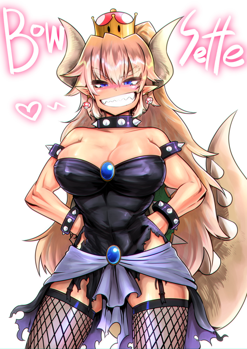 1girl bare_shoulders biceps black_dress blonde_hair borrowed_design bowsette bracelet breasts choker crown dress fishnet_legwear fishnets garter_straps haga_souken hands_on_hips highres horns jewelry large_breasts long_hair looking_at_viewer super_mario_bros. muscle muscular_female new_super_mario_bros._u_deluxe nintendo sharp_teeth smile spiked_armlet spiked_bracelet spiked_choker spikes super_crown super_mario_bros. tail teeth thigh-highs torn_clothes torn_dress turtle_shell very_long_hair