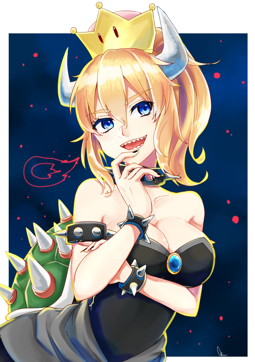 1girl absurdres bare_shoulders black_nails blonde_hair blue_eyes bowsette bracelet breasts cleavage collar commentary_request crown eyebrows eyebrows_visible_through_hair genderswap genderswap_(mtf) highres horns jewelry large_breasts looking_to_the_side super_mario_bros. meiruuuu. nail_polish new_super_mario_bros._u_deluxe nintendo open_mouth ponytail sharp_teeth short_hair smile solo spiked_armlet spiked_bracelet spiked_collar spikes super_mario_bros. teeth