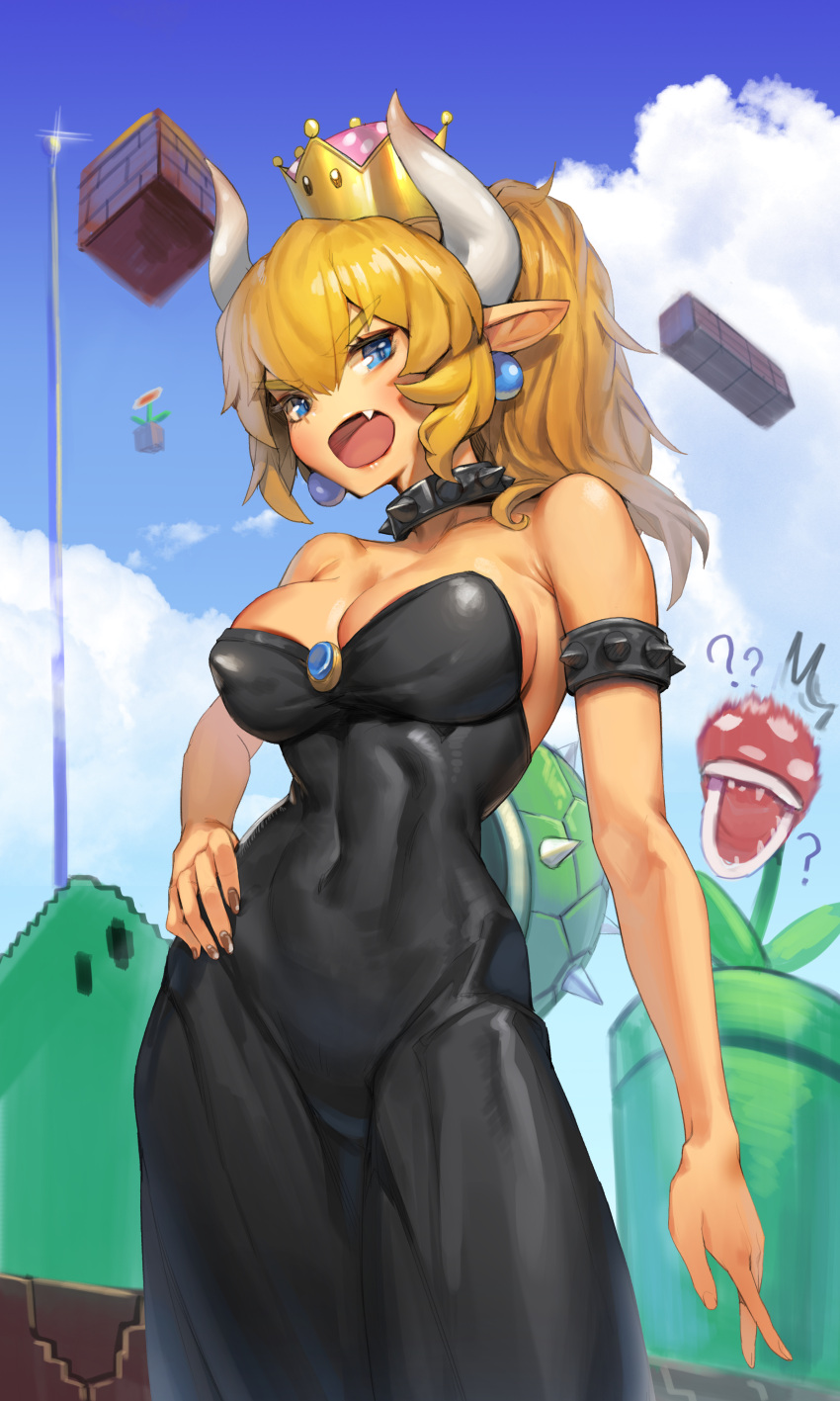 1girl absurdres armpits bare_shoulders blonde_hair blue_eyes bowsette bracelet breasts cleavage collar crown dress earrings fang highres horns jewelry large_breasts looking_at_viewer super_mario_bros. nintendo piranha_plant ponytail romana shell solo spiked_bracelet spiked_collar spikes super_crown tail