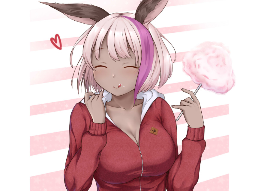 1girl :q blush breasts chloe_(granblue_fantasy) closed_eyes closed_mouth collarbone commentary cotton_candy dark_skin english_commentary erune eyebrows_visible_through_hair food food_on_face granblue_fantasy heart highres holding holding_food hood hoodie large_breasts long_sleeves multicolored_hair pink_hair short_hair smile solo streaked_hair striped striped_background tongue tongue_out upper_body yua_(11113754)