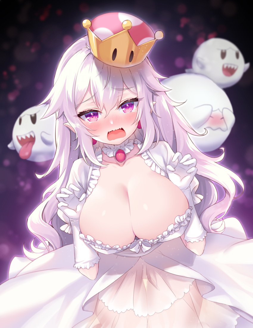 1girl bangs blush boo breasts brooch cleavage collarbone crown detached_collar dress earrings embarrassed eyebrows_visible_through_hair fangs frilled_dress frills gloves hair_between_eyes highres jewelry large_breasts long_hair looking_at_viewer luigi's_mansion super_mario_bros. moorina new_super_mario_bros._u_deluxe nintendo open_mouth pointy_ears princess_king_boo see-through super_crown teeth violet_eyes wavy_mouth white_dress white_gloves white_hair