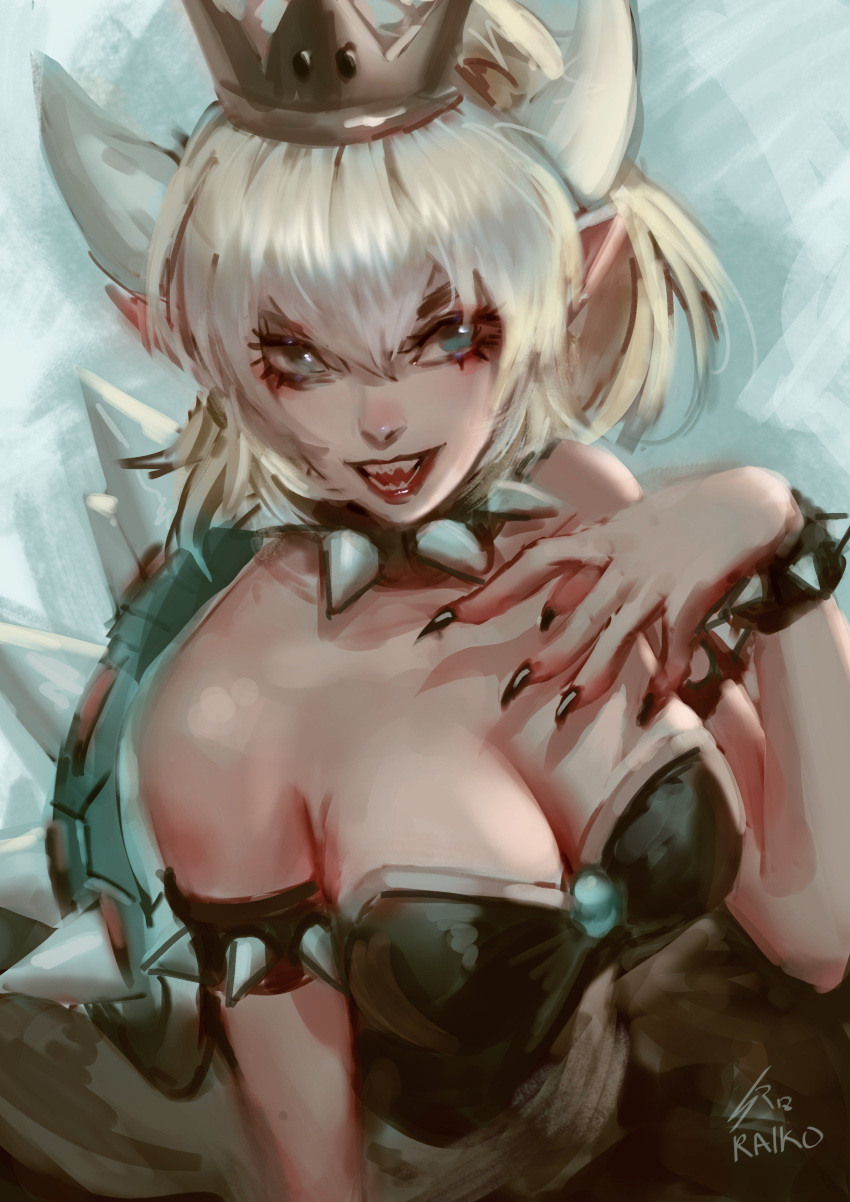 1girl absurdres armlet bare_shoulders black_dress black_nails blonde_hair blue_eyes borrowed_design bowser bowsette bracelet breasts cleavage collar collarbone commentary crown dress earrings english_commentary genderswap genderswap_(mtf) hand_on_own_chest highres horns jewelry large_breasts looking_at_viewer super_mario_bros. nail_polish new_super_mario_bros._u_deluxe nintendo open_mouth ponytail raikoart sharp_nails sharp_teeth spiked_bracelet spiked_collar spikes strapless strapless_dress super_crown super_mario_bros. teeth turtle_shell