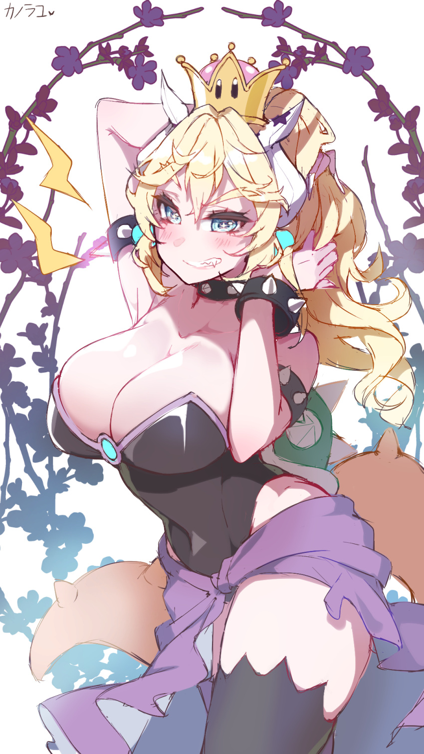 1girl armlet bare_shoulders black_dress blonde_hair blue_eyes borrowed_design bowsette bracelet breasts cleavage collar crown dress highres horns jewelry kanola_u large_breasts long_hair looking_at_viewer super_mario_bros. new_super_mario_bros._u_deluxe nintendo peachette ponytail sharp_teeth smile solo spiked_bracelet spiked_collar spikes strapless strapless_dress super_crown symbol-shaped_pupils tail teeth turtle_shell