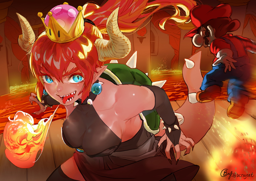 1boy 1girl b.c.n.y. bare_shoulders battle black_dress black_legwear black_nails boots bowsette bracelet breasts breathing_fire bridal_gauntlets brown_footwear calligraphy_brush_(medium) cleavage collar collarbone crown dark_skin dress earrings facial_hair fingernails fire gem giantess gloves halter_top halterneck hat horns image_sample jewelry jumping large_breasts long_fingernails long_hair looking_at_another mario super_mario_bros. molten_rock mustache nail_polish new_super_mario_bros._u_deluxe nintendo open_mouth overalls pointy_ears ponytail red_eyes red_hat redhead sharp_teeth spiked_bracelet spiked_collar spikes strapless strapless_dress super_crown super_mario_bros. tail teeth thigh-highs tongue tongue_out turtle_shell twitter_username white_gloves