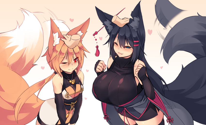 2girls ;3 absurdres animal_ear_fluff animal_ears arms_up bare_shoulders black_gloves black_hair black_legwear black_ribbon blue_eyes blush breasts bridal_gauntlets covered_collarbone disembodied_limb ear_piercing elbow_gloves eyebrows_visible_through_hair fang fox_ears fox_girl fox_tail gloves hair_between_eyes hair_ornament hair_ribbon hairclip half-closed_eye hand_on_another's_head heart highres japanese_clothes kiri_(sub-res) large_breasts large_tail long_hair long_sleeves looking_at_viewer multiple_girls notched_ear one_eye_closed orange_hair original parted_lips petting piercing red_eyes ribbon sash short_hair sleeveless small_breasts smile sub-res suzu_(sub-res) tail tail_wagging thigh-highs wide_sleeves