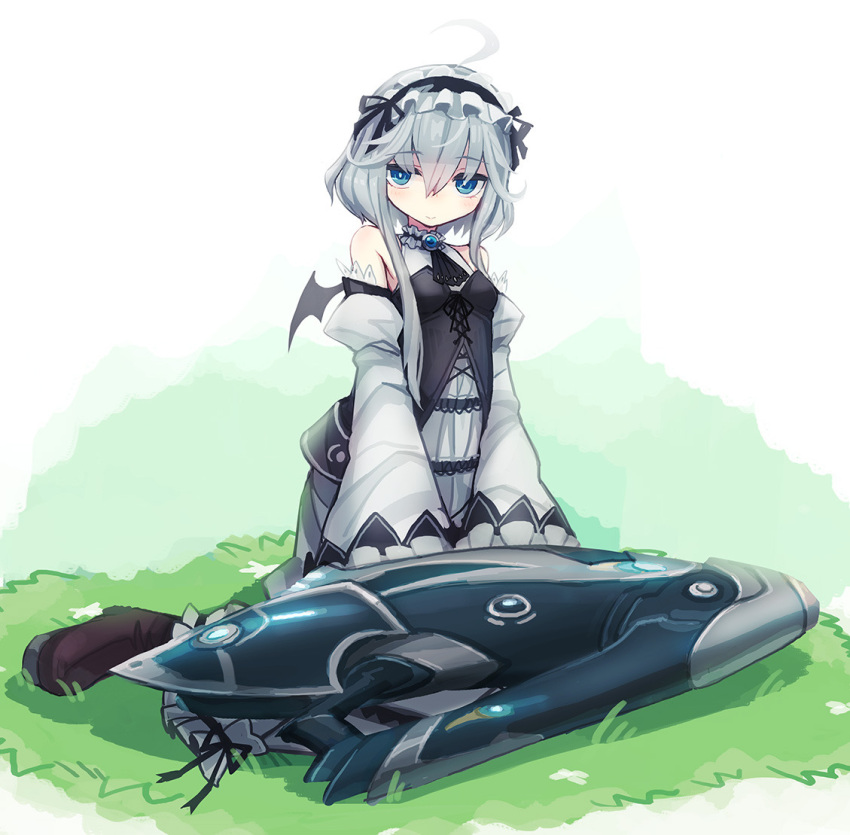 1girl ahoge ascot bare_shoulders bee_(deadflow) black_neckwear blue_eyes boots breasts closed_mouth copyright_request detached_collar grass looking_at_viewer short_hair sidelocks sitting small_breasts smile solo wings