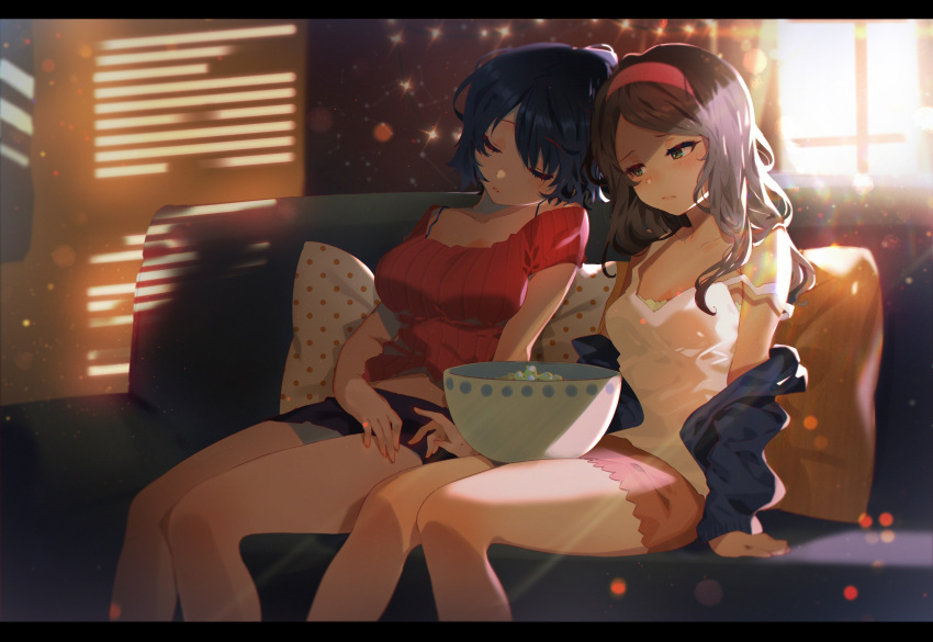 2girls absurdres animal_ears arutera bangs black_hair blue_eyes blurry blush bokeh bowl breasts brown_hair camisole cleavage closed_eyes crop_top depth_of_field eyebrows_visible_through_hair food hairband highres indoors jacket large_breasts letterboxed light_particles light_rays long_hair multiple_girls off_shoulder original parted_bangs parted_lips popcorn short_hair short_shorts shorts sitting sleeping small_breasts strap_slip sunlight