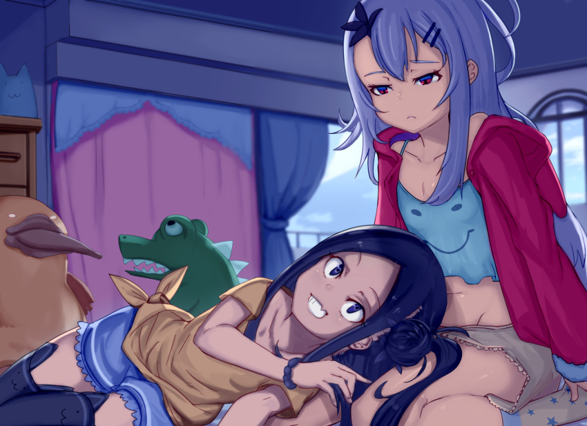 2girls black_hair black_legwear blue_camisole blue_eyes blue_shorts brown_skirt camisole dark_skin fang grin hair_bun hair_ornament hairclip highres hood kneehighs lap_pillow long_hair lying midriff miniskirt multiple_girls navel on_side open_clothes open_shirt original purple_hair red_eyes red_shirt shirt shorts sitting skirt smile stuffed_toy thigh-highs white_legwear yellow_shirt