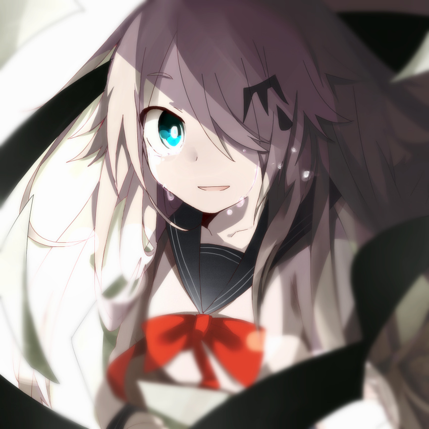 1girl :d blue_eyes blurry crying crying_with_eyes_open eyebrows_visible_through_hair hair_ornament hair_over_one_eye hairpin highres light_smile long_hair looking_away open_mouth red_ribbon ribbon school_uniform shaded_face simple_background smile solo_focus tears terror_(vocaloid) upper_body vocaloid white_background white_hair yuu_(neru)
