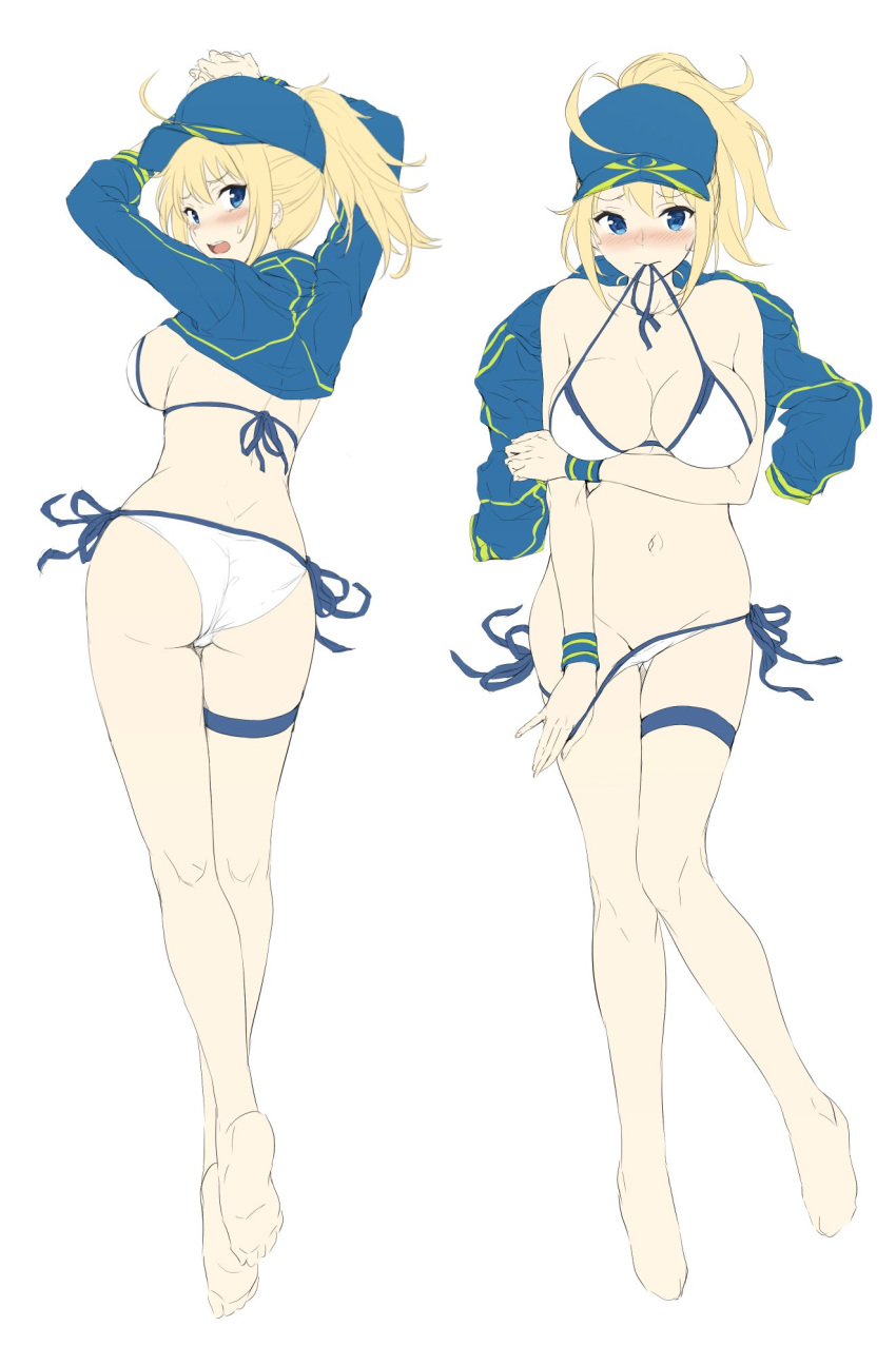 1girl ahoge akita_hika artoria_pendragon_(all) baseball_cap bikini blonde_hair blue_eyes blue_hat blush breasts cleavage commentary_request fate/grand_order fate_(series) full_body hair_through_headwear hat highres large_breasts long_hair looking_at_viewer mysterious_heroine_xx_(foreigner) navel ponytail shrug_(clothing) side-tie_bikini simple_background solo swimsuit white_background white_bikini work_in_progress