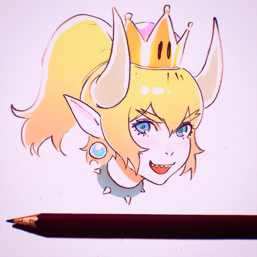 1girl blonde_hair blue_eyes bowsette close-up collar earrings eyebrows_visible_through_hair face hair_between_eyes highres ilya_kuvshinov jewelry looking_at_viewer super_mario_bros. new_super_mario_bros._u_deluxe nintendo open_mouth pencil photo pointy_ears sharp_teeth short_hair short_ponytail solo spiked_collar spikes super_crown teeth white_background