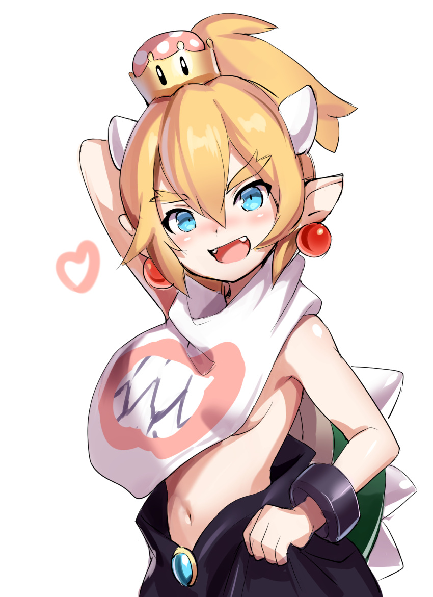 1girl :d bangs black_skirt blonde_hair blush bowsette_jr. breasts commentary_request crown curcumin earrings eyebrows_visible_through_hair fangs hair_between_eyes head_tilt heart highres jewelry looking_at_viewer super_mario_bros. mini_crown navel new_super_mario_bros._u_deluxe nintendo open_mouth pointy_ears sideboob simple_background skirt small_breasts smile solo spiked_shell super_crown topless turtle_shell white_background