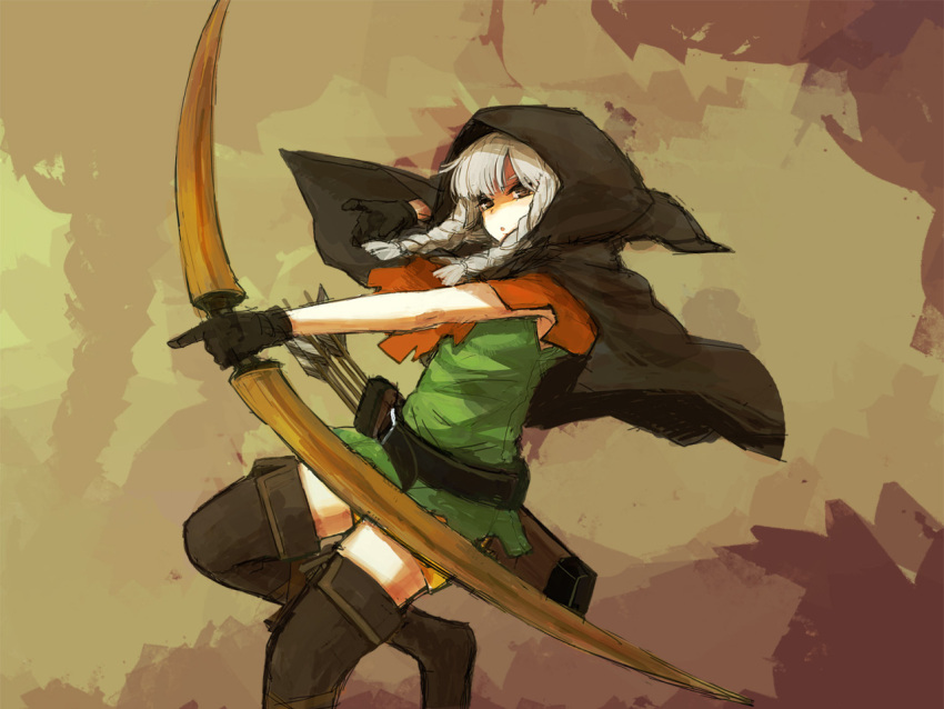 1girl arrow bee_(deadflow) belt boots bow_(weapon) braid brown_capelet brown_eyes brown_footwear brown_gloves capelet commentary_request dragon's_crown elf_(dragon's_crown) gloves grey_hair holding holding_bow_(weapon) holding_weapon hood hood_up hooded_capelet looking_at_viewer parted_lips quiver solo thigh-highs thigh_boots weapon